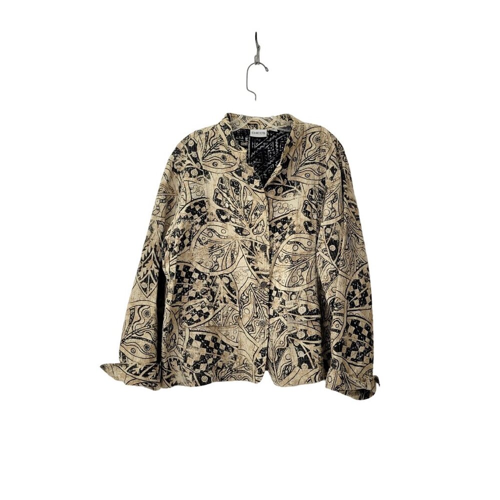 Chico's Linen Jacket Tan and Black Abstract Print Chico's Size 3 Women's 16-18